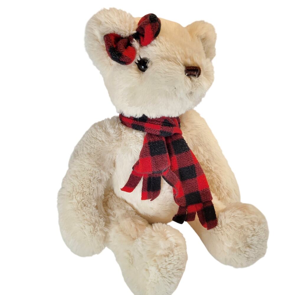 JOANN J Bear Plush Cream Teddy 16" Red Plaid Scarf Bow Stuffed Animal Toy